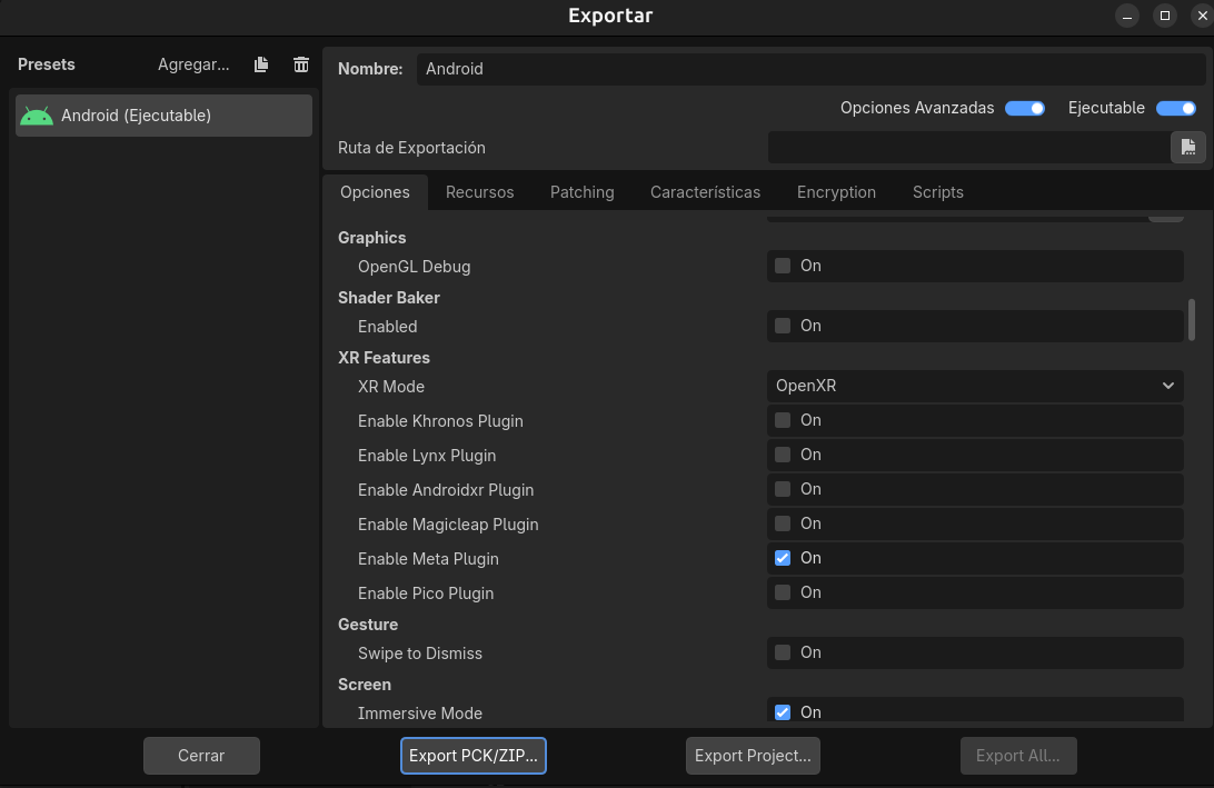 OpenXR Export Settings